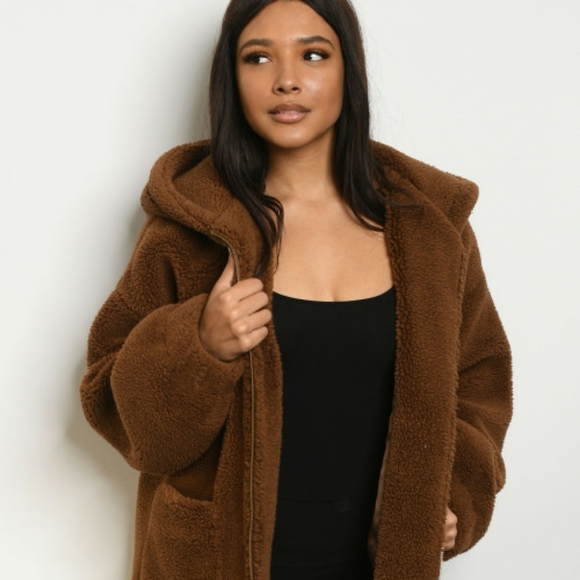 Teddy bear Sherpa hooded jacket coat in brown - Picture 2 of 8